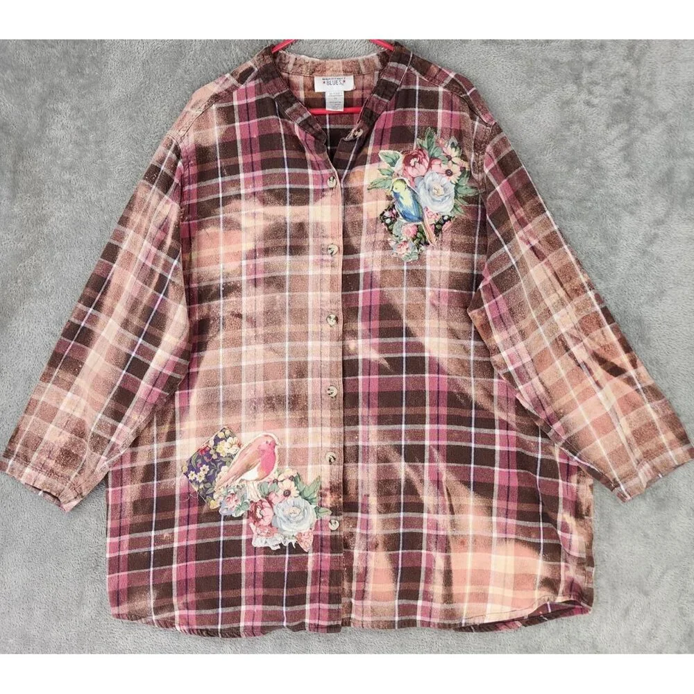 Mainstreet Blues Shirt Womens 3X Multicolor Bleached Flannel Patchwork Vintage - Picture 1 of 10